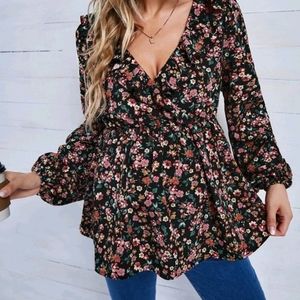 Maternity Floral Print Ruffle Trim Lantern Sleeve Peplum Blouse